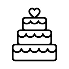 Stacked wedding cake dessert with heart topper line art vector icon for food apps and websites