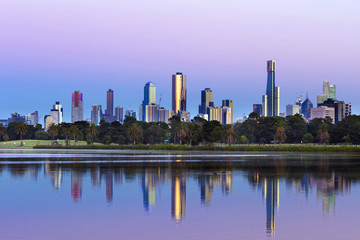 Melbourne Australia Skyline viewed from Albert Park Lake at Sunr