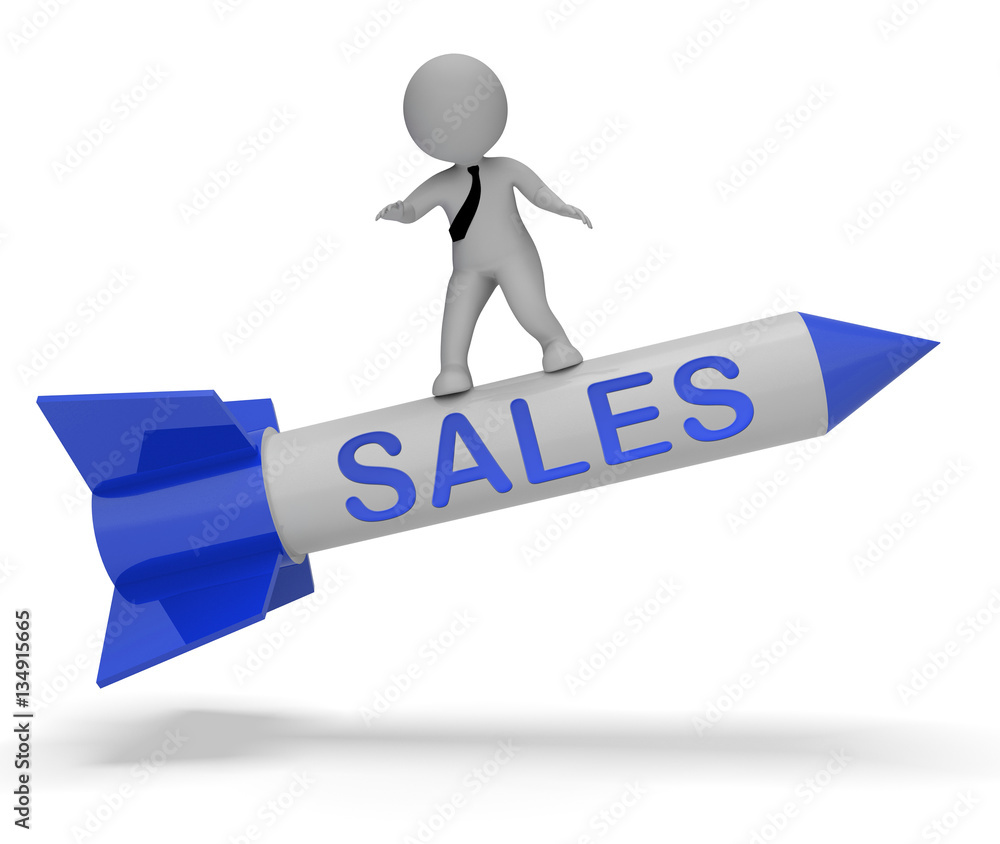 Poster sales rocket indicates e-commerce retail 3d rendering