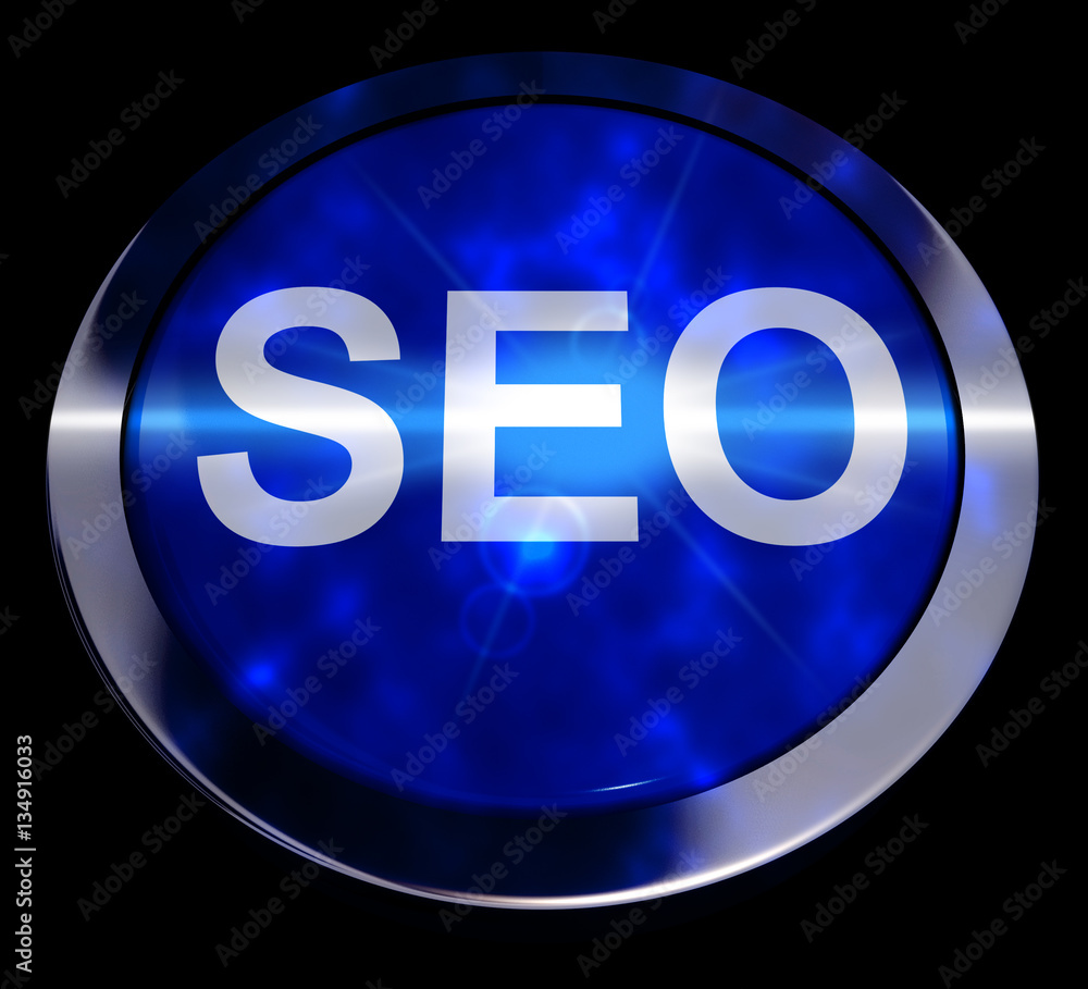 Poster seo button in blue showing internet marketing 3d rendering
