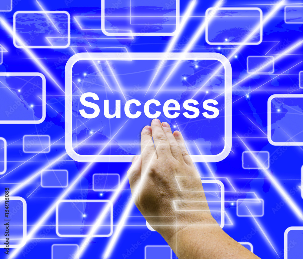 Aufkleber success button being pressed showing achievement 3d rendering