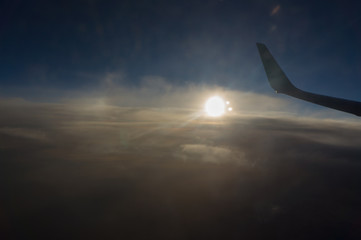 A view from the airplane window, sky in the beautiful sunset
