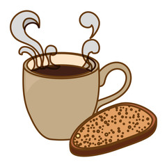 Beige coffee cup with steam and bread icon, vector illustration