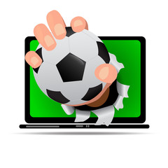 soccer field on notbook with soccer ball in hand reflection on screen, this concept for live match score as internet of thing in format,