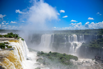 Aerial view of one of the worlds largest and most impressive waterfalls with bouncing mass of mist in Iguacu National Park, UNESCO World Heritage Site, Foz de Iguacu, Parana State, Brazil