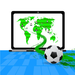 people fan football global and soccer field on notebook with soccer ball move out from screen