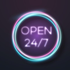 Illustration of Vector Neon Sign. Open 24 Hours Glowing Neon Frame. 24 7 Retro Neon Sign