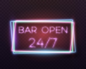Illustration of Vector Retro Neon Sign. Open 24 Hours Glowing Neon Frame. 24 7 Realistic Neon Sign