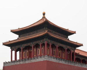 Naklejka premium Photo of Old Buddhism Temple. Red Asian Pagoda Tower. Ancient Architecture Asian Temple