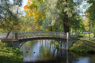 Fototapeta na wymiar Openwork iron bridge over the canal the Sunny September day. The Gatchina Park