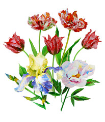 Bouquet with tulips, iris and peony