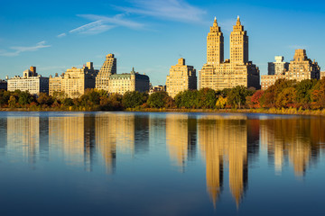 Upper West Side with view of Jacqueline Kennedy Onassis Reservoir and Central Park in Fall. Manhattan, New York City