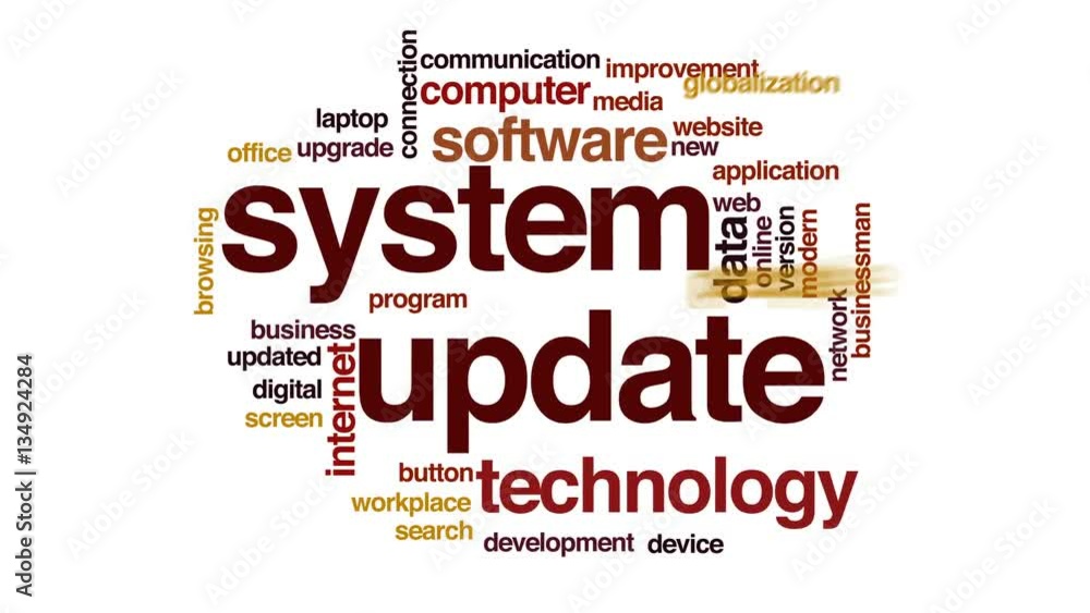 Aufkleber system update animated word cloud, text design animation.