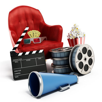 Red seat, pop corn, film reel and slate. 3D illustration