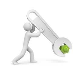 3d man with metal spanner twists or untwists the nut. People at work. Isolated on white. 3d illustration