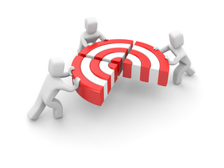 People pushing target piece part to connect into one. Team success. Reach goal. 3d illustration.