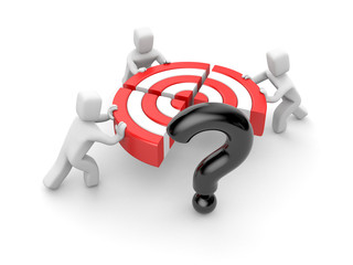 People pushing target piece part to connect into one. Instead of one part target is the question.Team success. Reach goal. 3d illustration.