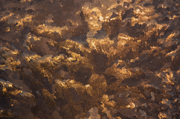 unusual patterns of frost on a window at sunset