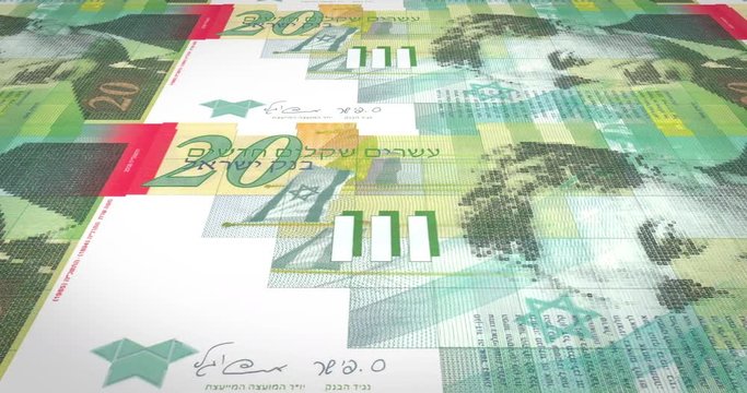 Banknotes of twenty Israeli shekel rolling on screen, cash money, loop