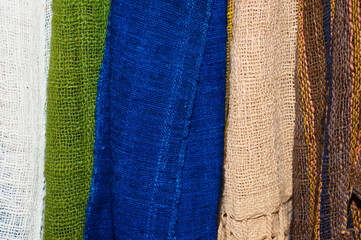 Obraz premium Colorful thai silk handcraft peruvian style rug surface close up More this motif & more textiles peruvian stripe beautiful background tapestry persian nomad detail pattern farabic fashionable textile.