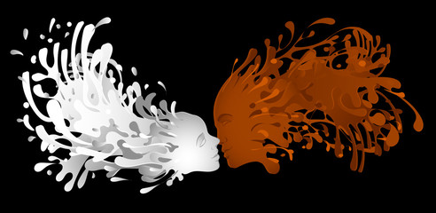 Liquid kiss of milk and coffee with facial features of woman and men. Vector illustration.