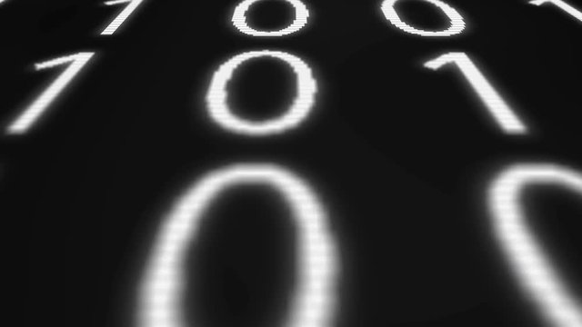 Camera pans across blurry defocused corrupted computer binary code