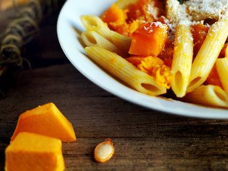 Italian food - Penne pasta with pumpkin.