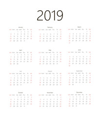 Calendar 2019 On White Background. Week Starts Sunday. Simple Vector Template
