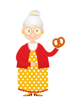 Cartoon Grandma With Cakes In Hand Vector