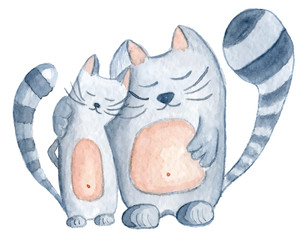 Watercolor cats love couple