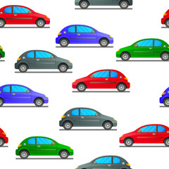 Seamless vector pattern  of a car in different colours on a white background