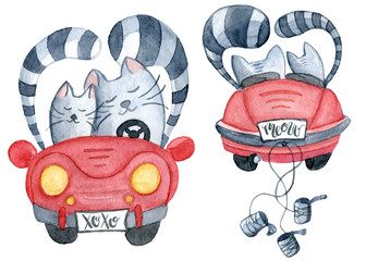 Watercolor set with love couple cats in just married red car.