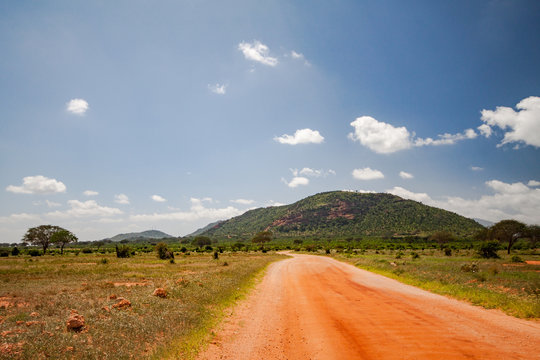 Panorama of a street in the Tsavo East National Park in Africa