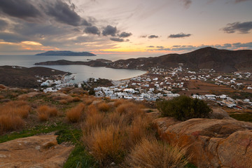 Harbour of Ios island and Sikinos island in the distance.