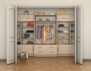 empty room interior and big closet with clothes; 3d illustration