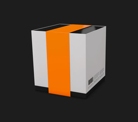 3d Illustration of white gift box with a orange ribbon and a bow isolated black