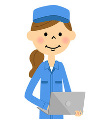 作業着の女性　ノートパソコン