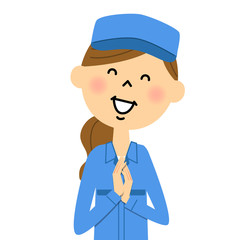 作業着の女性　喜ぶ
