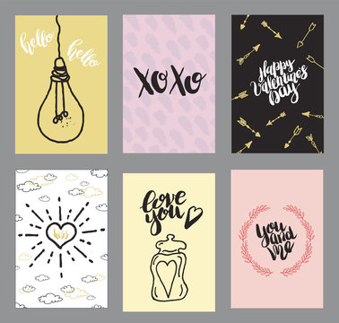 Set of greeting cards for Valentine's Day. Vector collection with brush lettering and hand written elements. White, black, gold and pink color labels for your design and invitation.