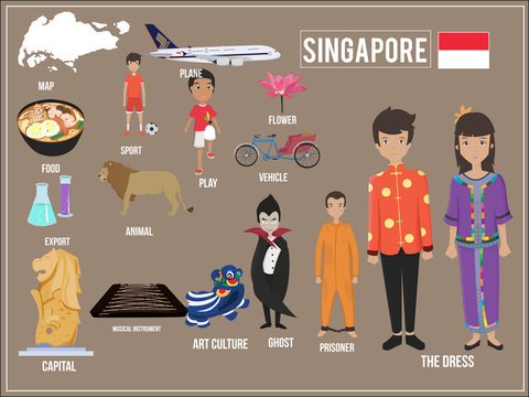Vector illustration Set of traditional Singapore cultural symbols. 