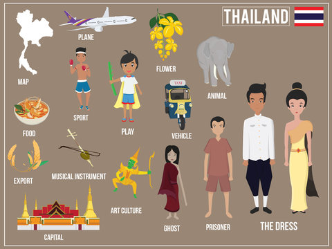 Vector illustration Set of traditional Thailand cultural symbols. 