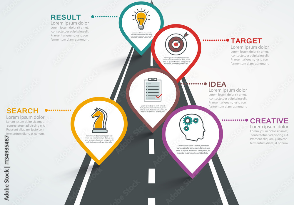 Aufkleber road infographic with pointers, timeline with 5 steps. stepping structure development with business 