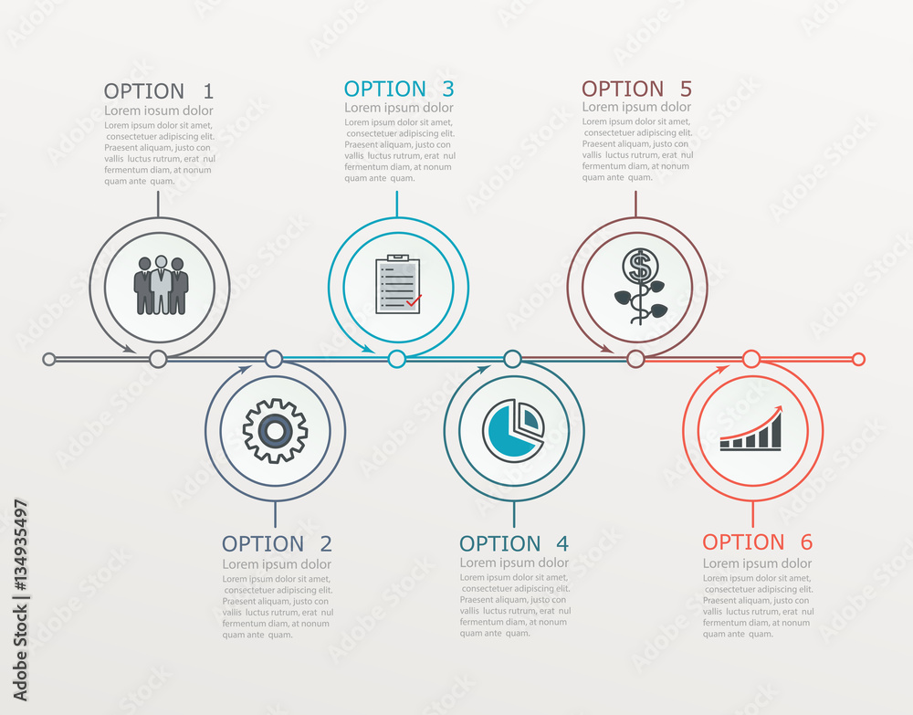 Poster timeline, infographics template with stepwise structure with 6 steps. business line elements infogra