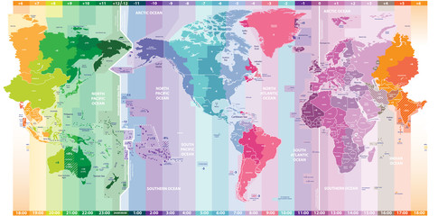 standard time zones of the world political map centered by America vector illustration