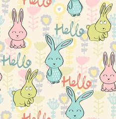 Vector seamless pattern with bunny and flowers