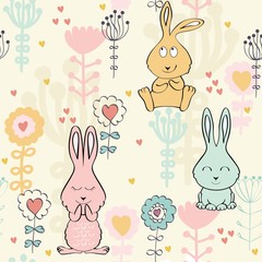 Vector seamless pattern with bunny and flowers