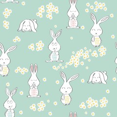 Vector seamless pattern with bunny and flowers