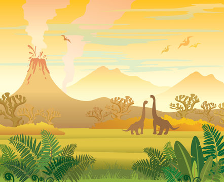 Prehistoric landscape. Volcano, dinosaurs and fern.
