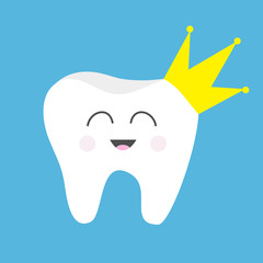 Tooth health icon Yellow crown. Cute funny cartoon smiling character. King queen prince princess Oral dental hygiene. Children teeth care. Baby background. Flat design.