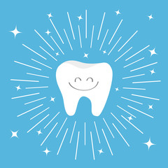 Healthy tooth icon with smiling face. Round line circle. Oral dental hygiene. Children teeth care. Shining effect stars. Cute cartoon character. Blue background. Flat design.